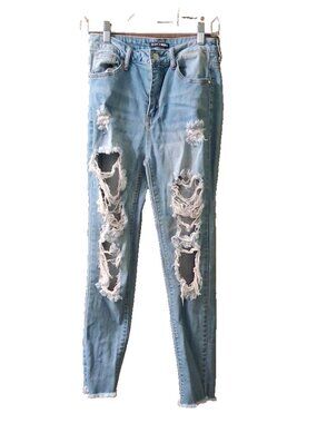 Juniors 5 Med-wash Skinny Distressed Destroyed Raw Hem Pockets Stretch Jeans
